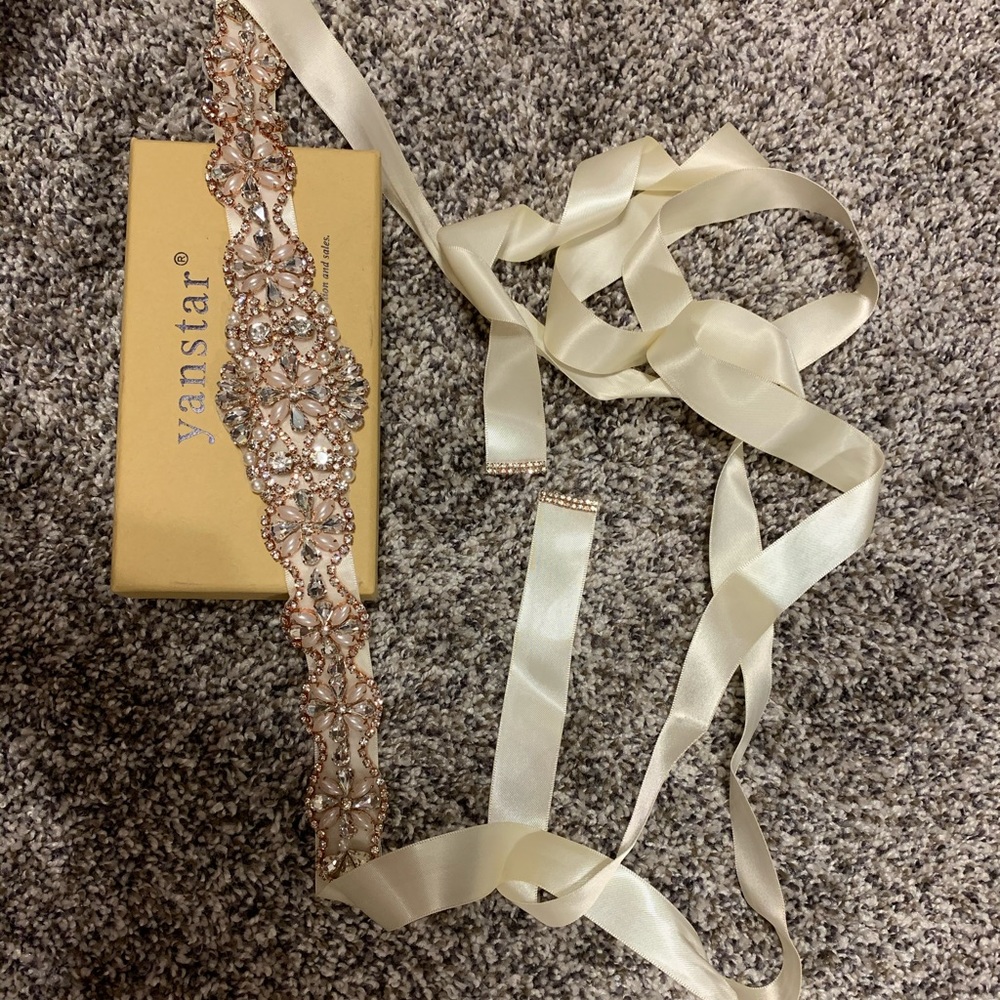 Rose gold bridal belt with ivory ribbon tie.